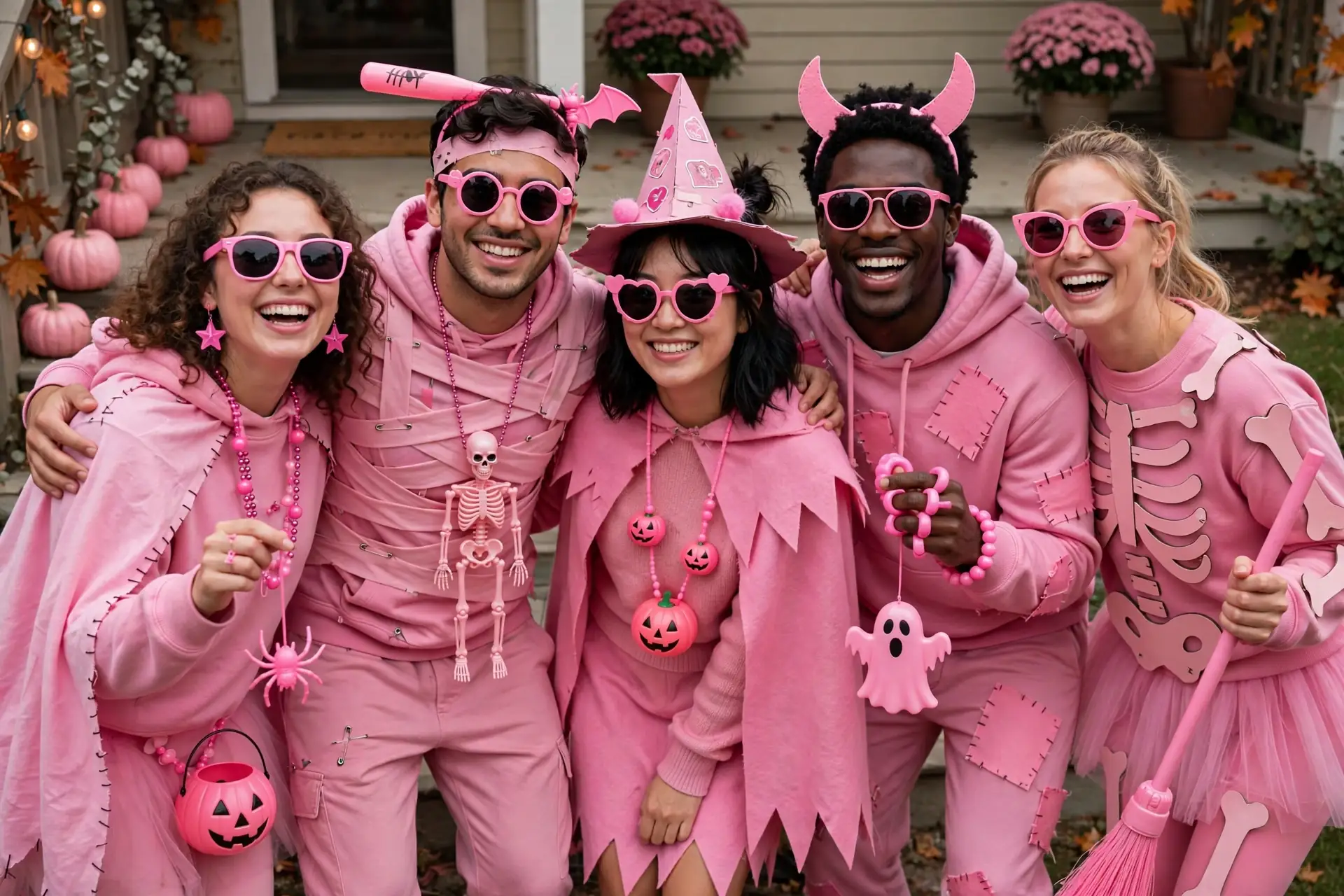 DIY plastic dream crew costume built from all-pink outfit per person, pink sunglasses, and plastic play accessories