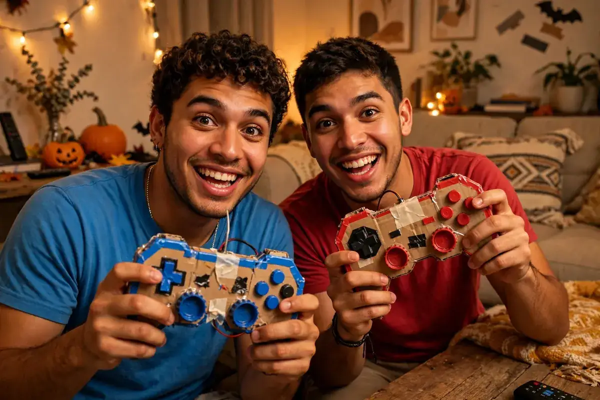 DIY player one & two costume built from matching t-shirts, any color and iron-on letters or fabric markers, spelling 1 and 2