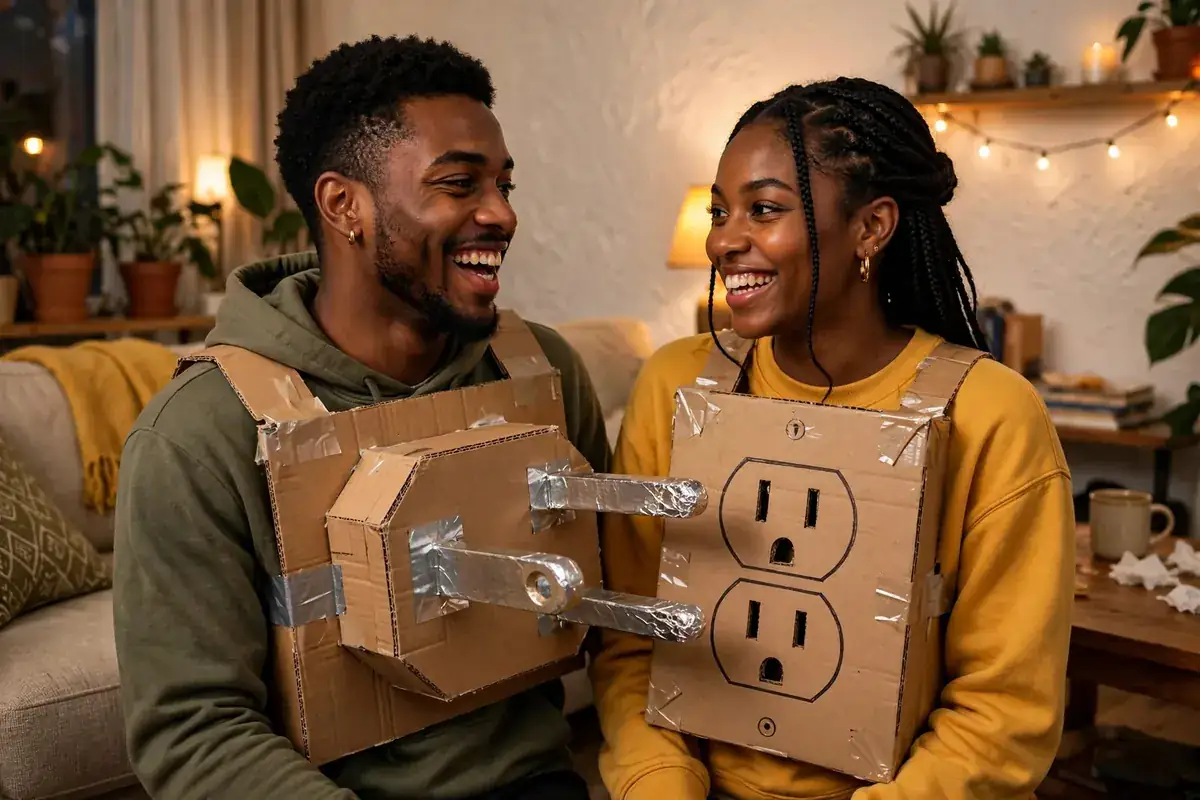DIY plug and socket costume built from cardboard box, gray and white acrylic paint, and black markers