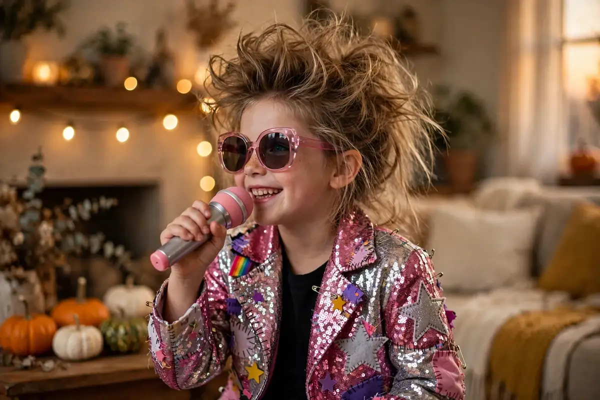 DIY pop star costume built from sparkly or sequin jacket, toy microphone, and hair teasing comb