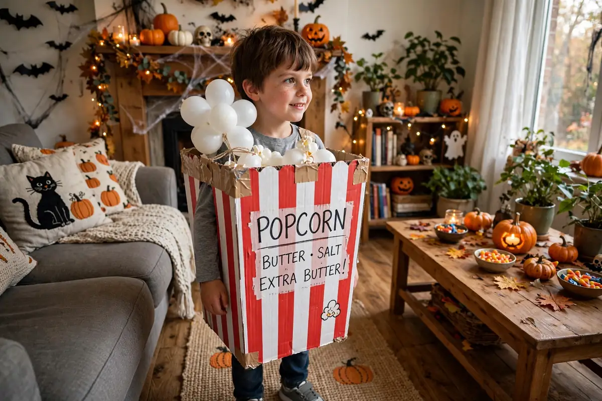 DIY popcorn bucket costume built from cardboard box, red and white striped wrapping paper, and yellow or white balloons