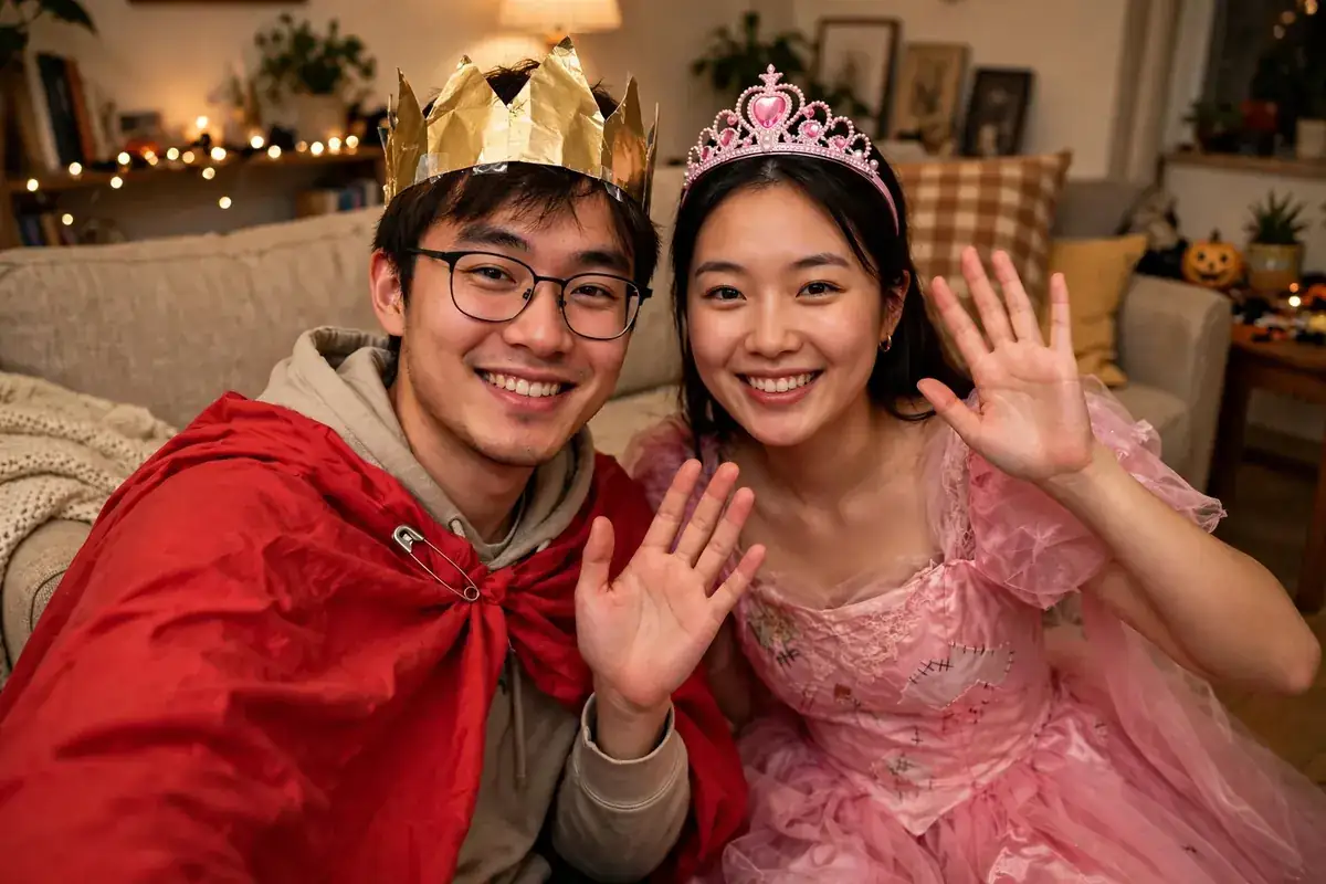 DIY prince & princess costume built from gold paper crown or plastic crown, cape or long piece of fabric, and thrifted gown or long dress