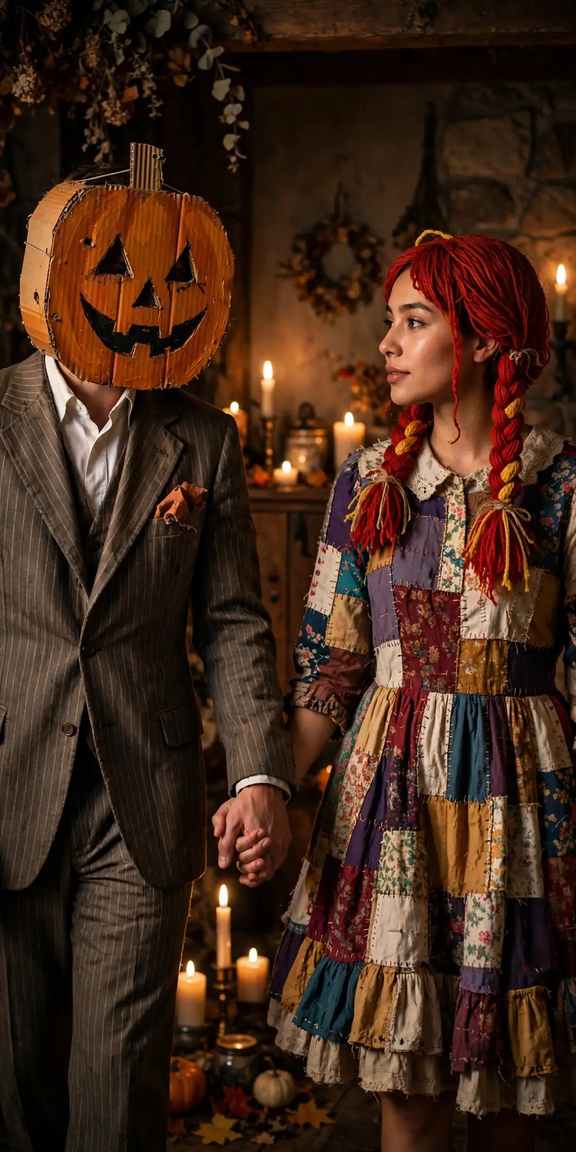 DIY pumpkin groom and patchwork bride costume built from pinstripe or black suit, cardboard, and orange and black paint
