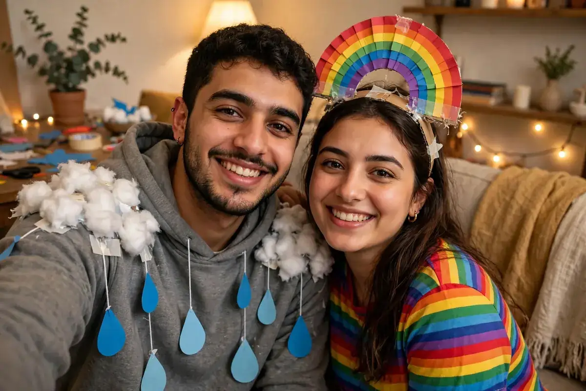 DIY rain cloud and rainbow costume built from gray t-shirt or sweatshirt, white cotton balls or polyester stuffing, and blue paper raindrops