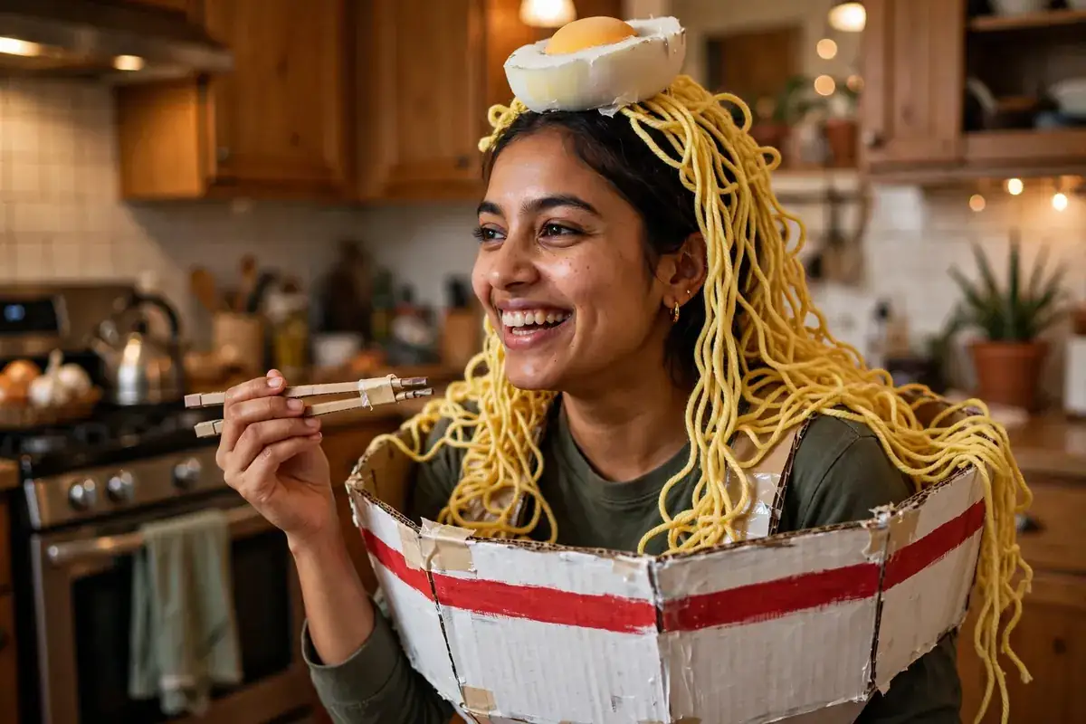DIY ramen bowl costume built from large cardboard circle, about 2 feet wide, white and red acrylic paint, and yellow yarn