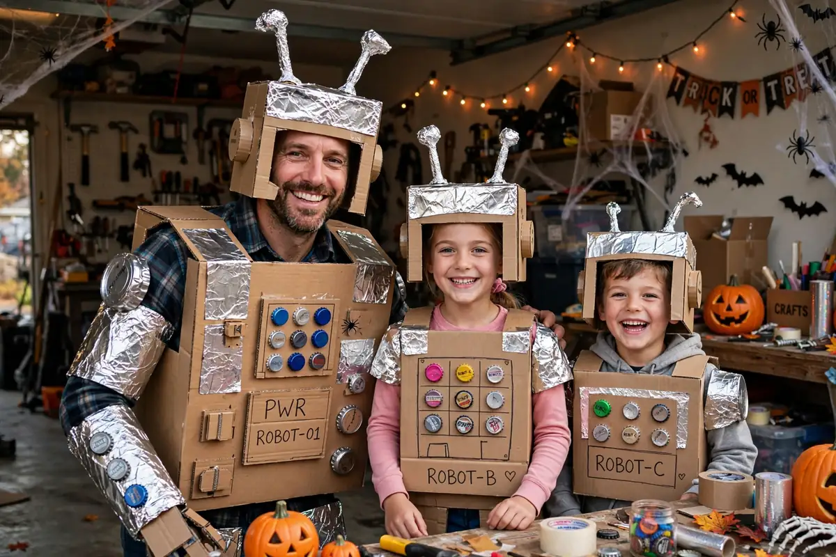 DIY cardboard robot crew costume built from medium cardboard box per person, small cardboard box per person, and aluminum foil