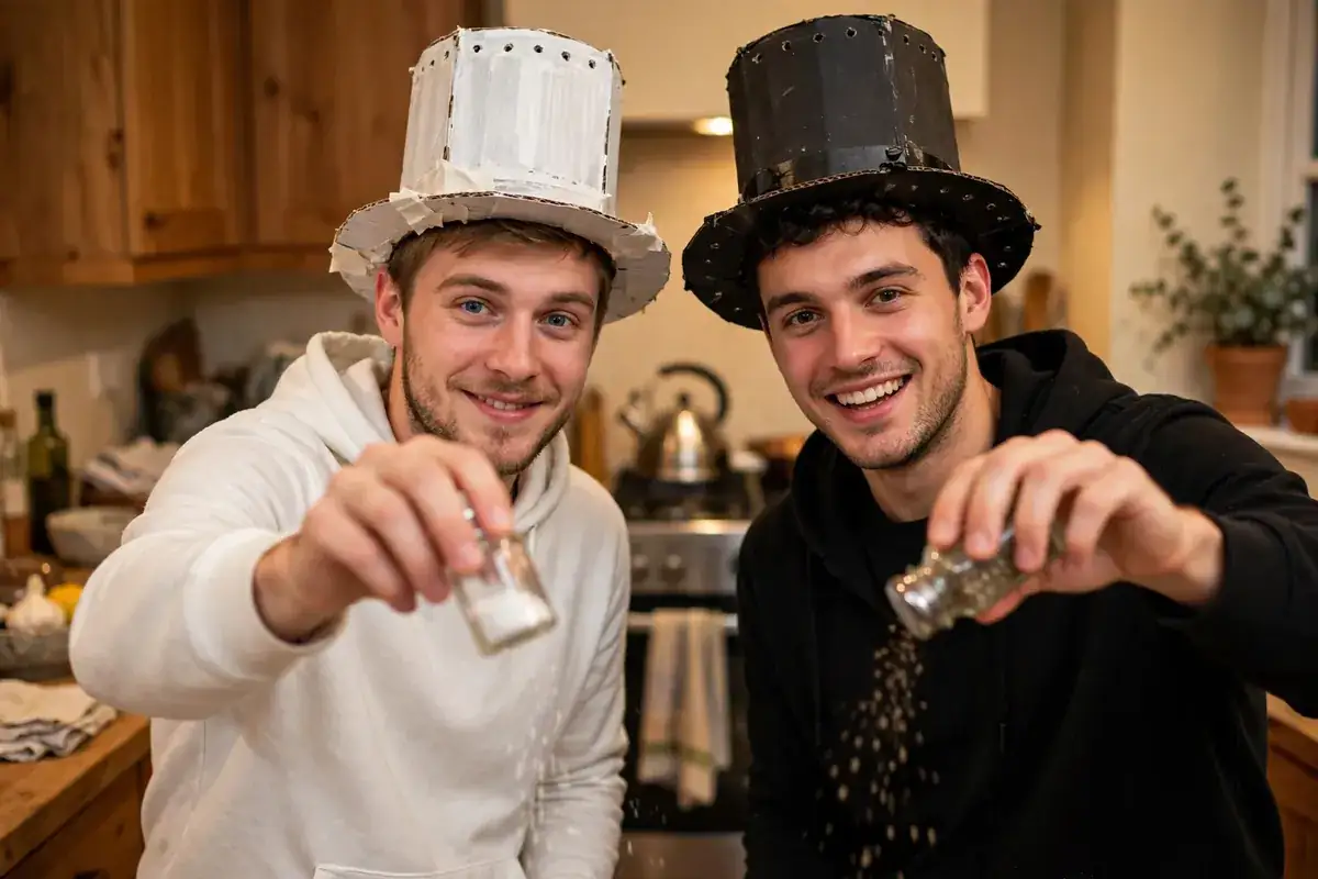 DIY salt & pepper costume built from white shirt, pants and hat for Salt and black shirt, pants and hat for Pepper