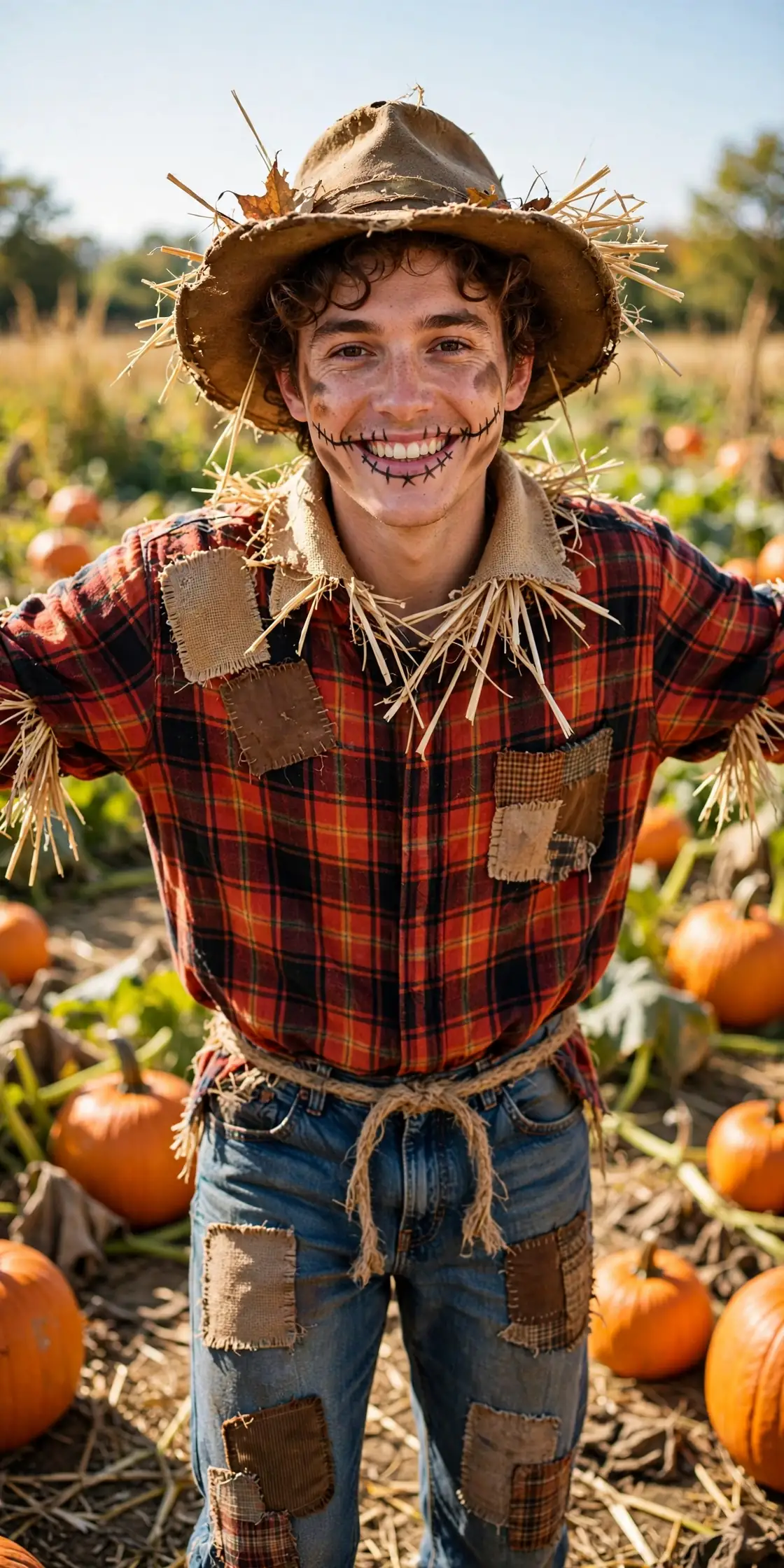 DIY friendly scarecrow costume built from plaid flannel shirt, jeans with patches, and straw, raffia, or yellow yarn