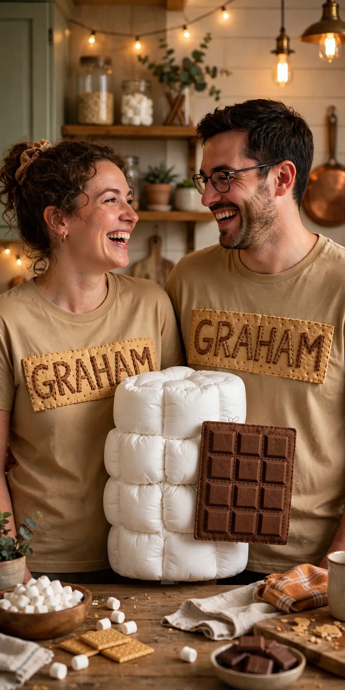 DIY s'mores duo costume built from tan t-shirts or tunics, white t-shirt, and brown craft felt