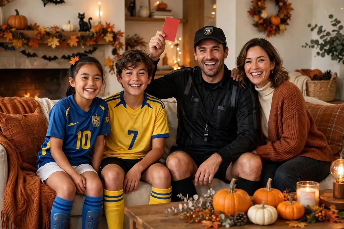 DIY soccer squad costume built from matching jerseys or same-color t-shirts, black shirt and black shorts, and soccer ball