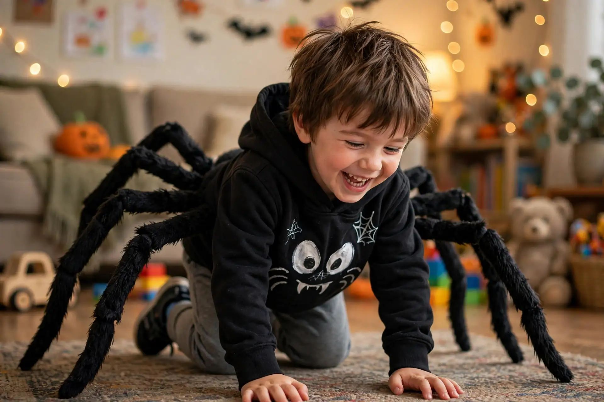 DIY eight-legged spider costume built from black sweatshirt and black sweatpants, black socks, and newspaper or tissue paper