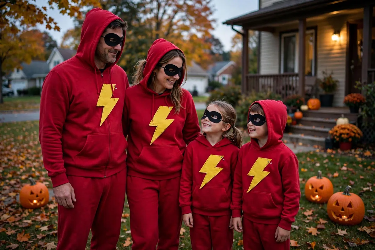 DIY superhero family costume built from matching red sweatsuits, black felt, and yellow felt