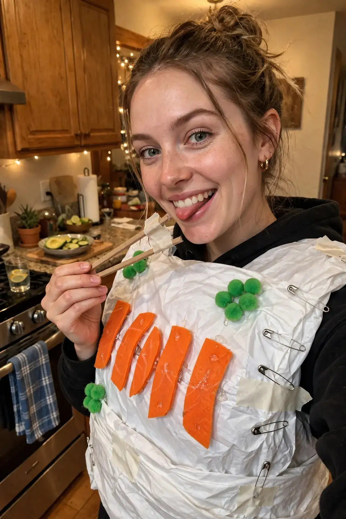 DIY sushi roll costume built from white bedsheet or large white t-shirt, dark green felt, and pink or orange felt