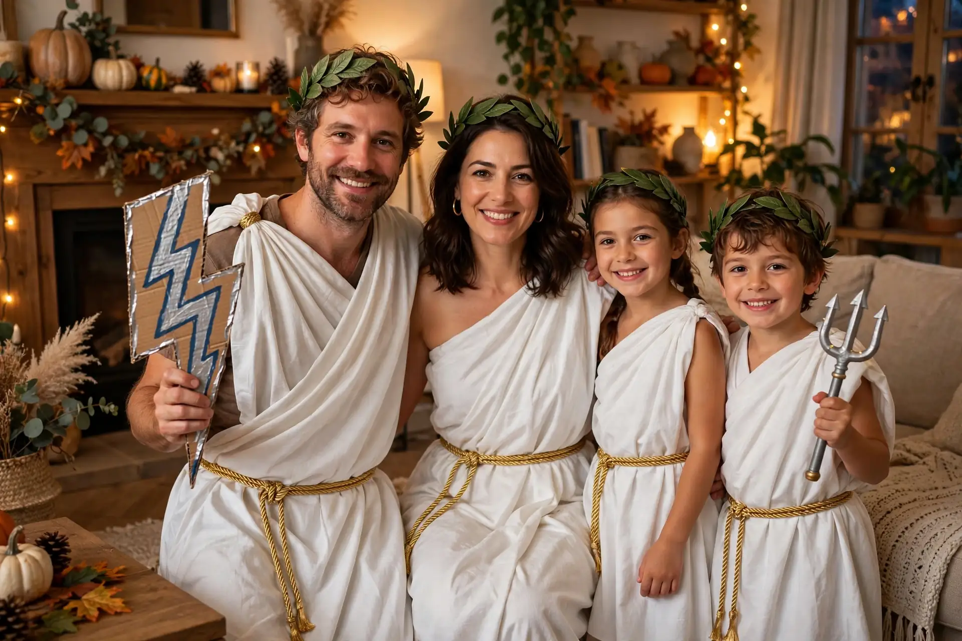 DIY the olympians costume built from white bedsheets or large white fabric, gold rope or gold cord, and gold paper or gold craft leaves