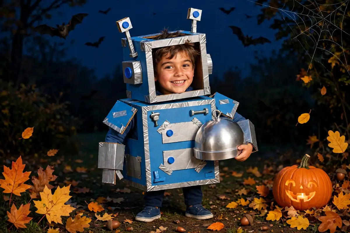 DIY the tin hero costume built from red sweatsuit, gold duct tape, and battery tea light