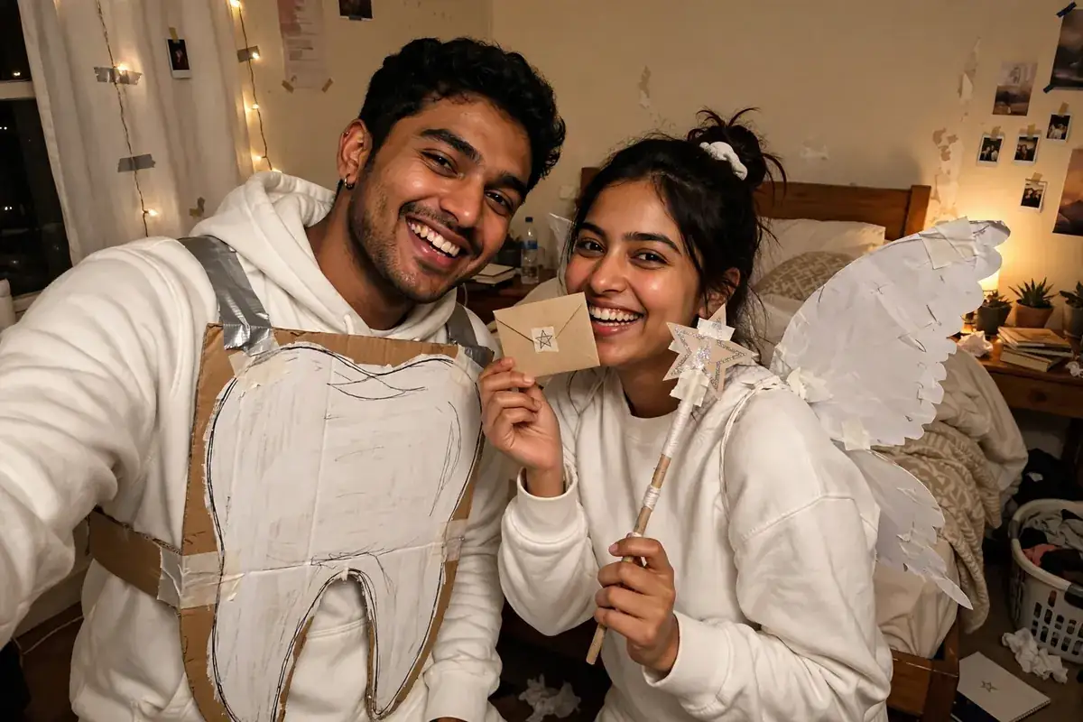 DIY tooth fairy costume built from all-white outfit, white dress or white shirt with, and white cardstock