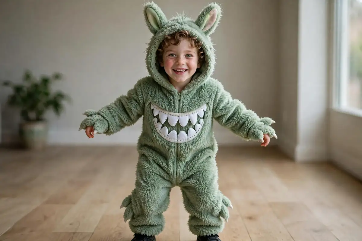 DIY toothy plush monster costume built from fuzzy one-piece pajamas or sweatsuit, white felt, and felt for tall ears