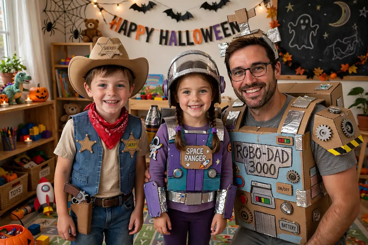DIY toy box crew costume built from cowboy hat and cow-print vest and white shirt and pants, with purple felt accents