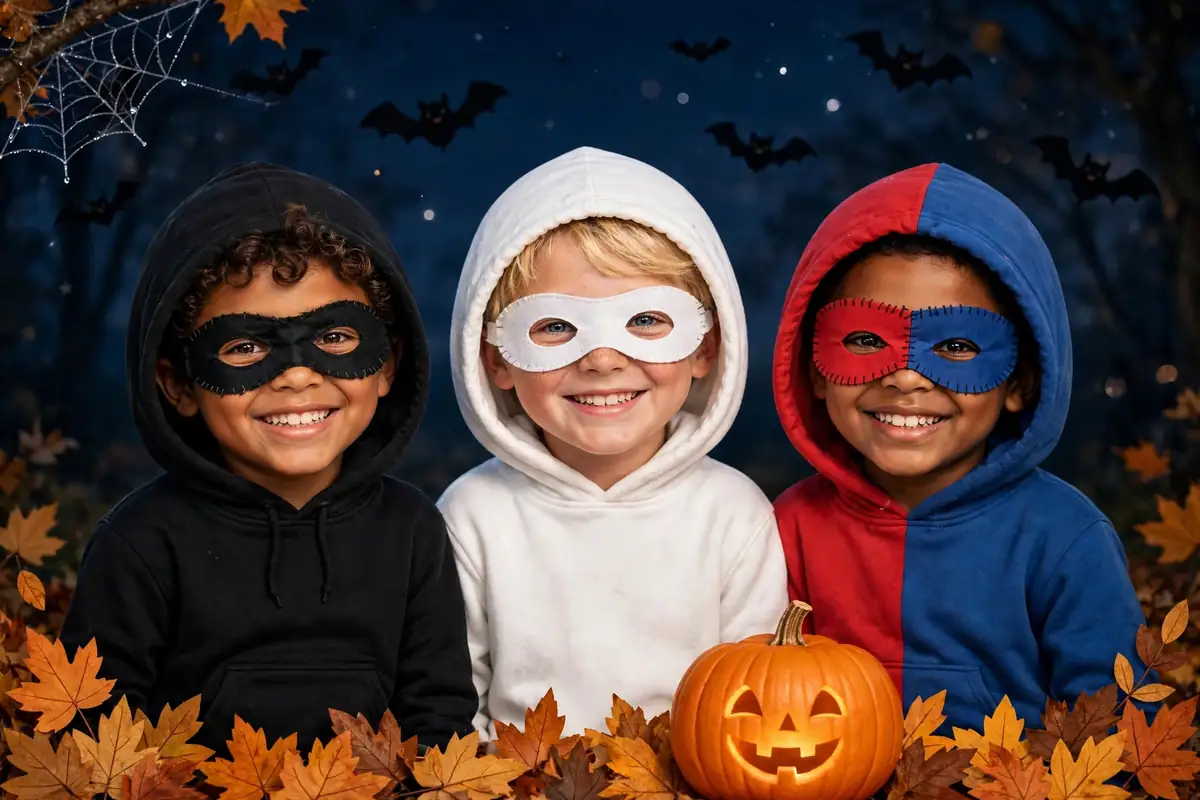 DIY web hero crew costume built from hoodies in red, black and pink and black fabric paint or black face paint
