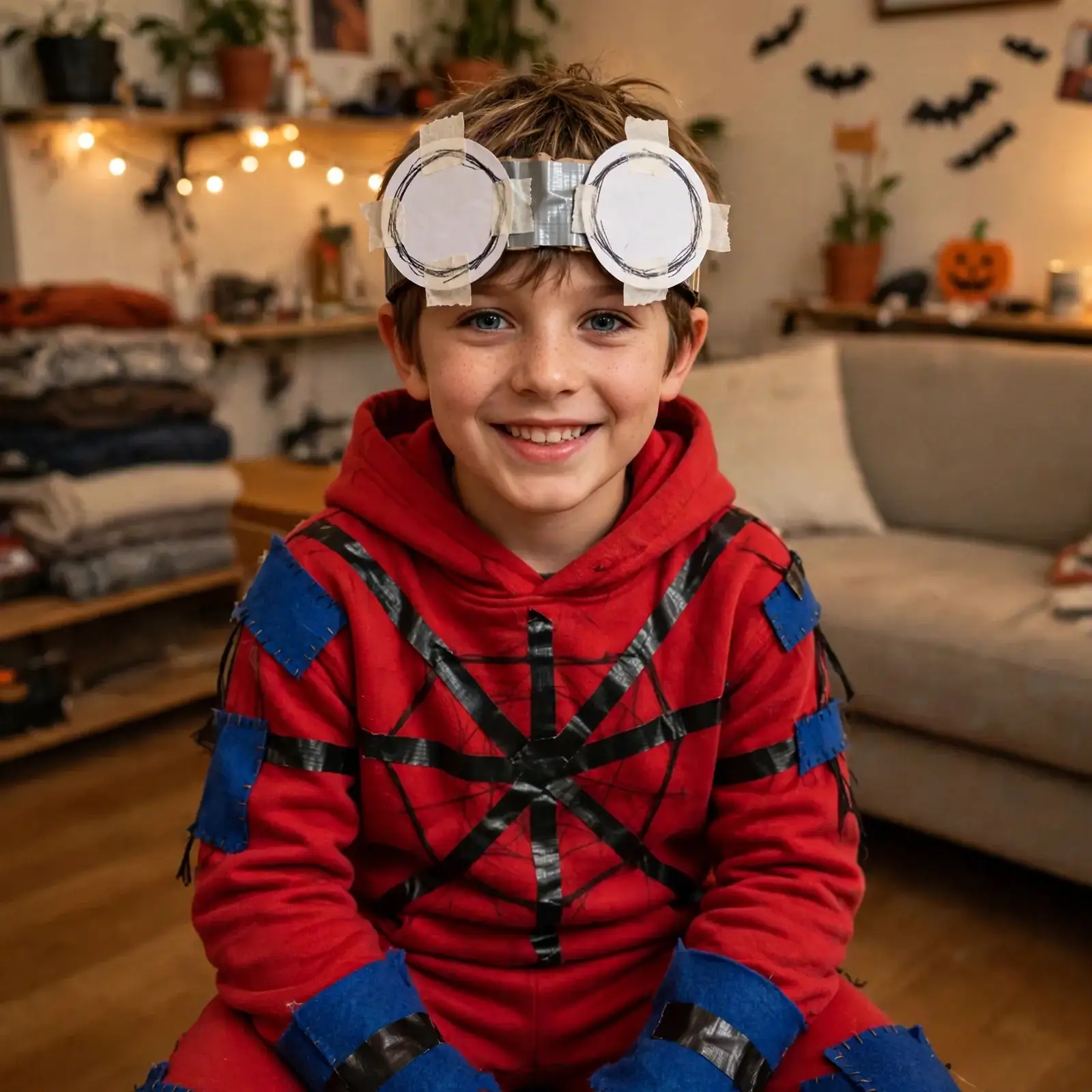 DIY web hero costume built from red sweatsuit or red shirt and pants and blue craft felt for sleeve and boot accents
