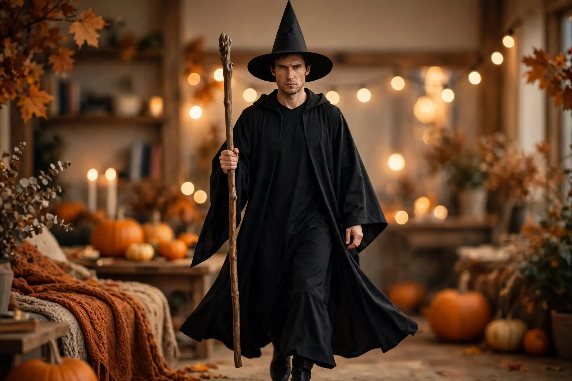 DIY classic wizard costume built from tall black pointy wizard hat and long plain black robe or graduation gown